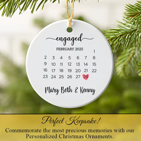 Close-up of porcelain ornament showing mini calendar with engagement date circled and fused printing