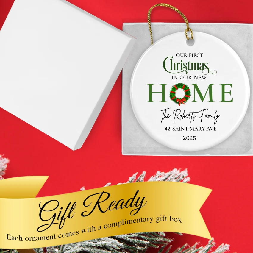 Custom First Christmas in Our New Home Ornament 2025 in a gift box