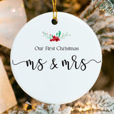 Close-up of etched Ms & Mrs script and laurel detail on high‑gloss porcelain ornament