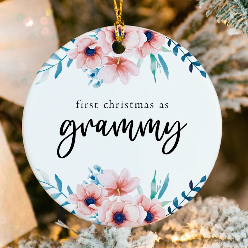 Close view of glossy porcelain ornament showing fused Grammy text and personalized details
