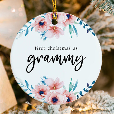 Close view of glossy porcelain ornament showing fused Grammy text and personalized details