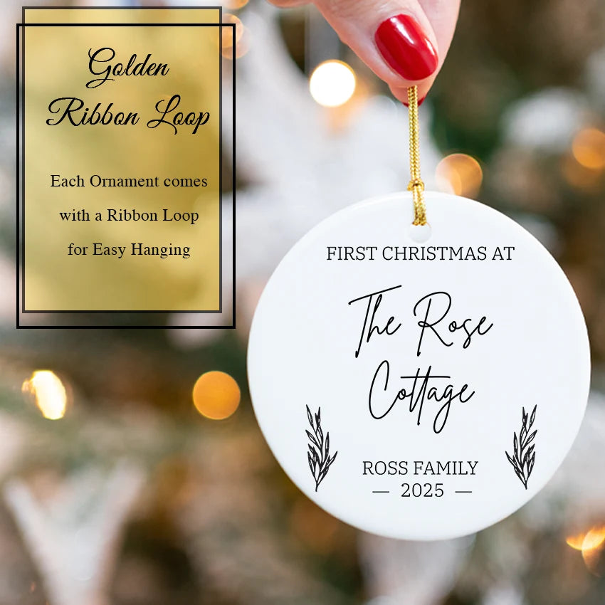 Custom New Home Christmas Ornament with Name & Address 2025 with golden ribbon