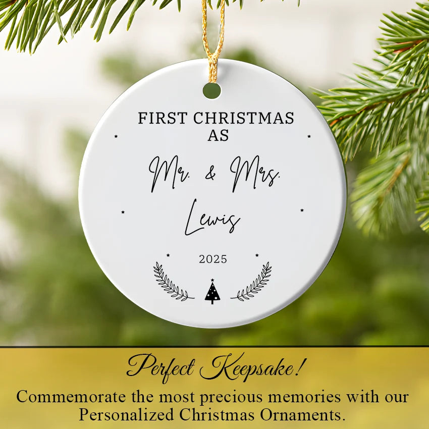 Personalized Ms & Mrs Married & Merry ornament hanging on a Christmas tree branch with lights