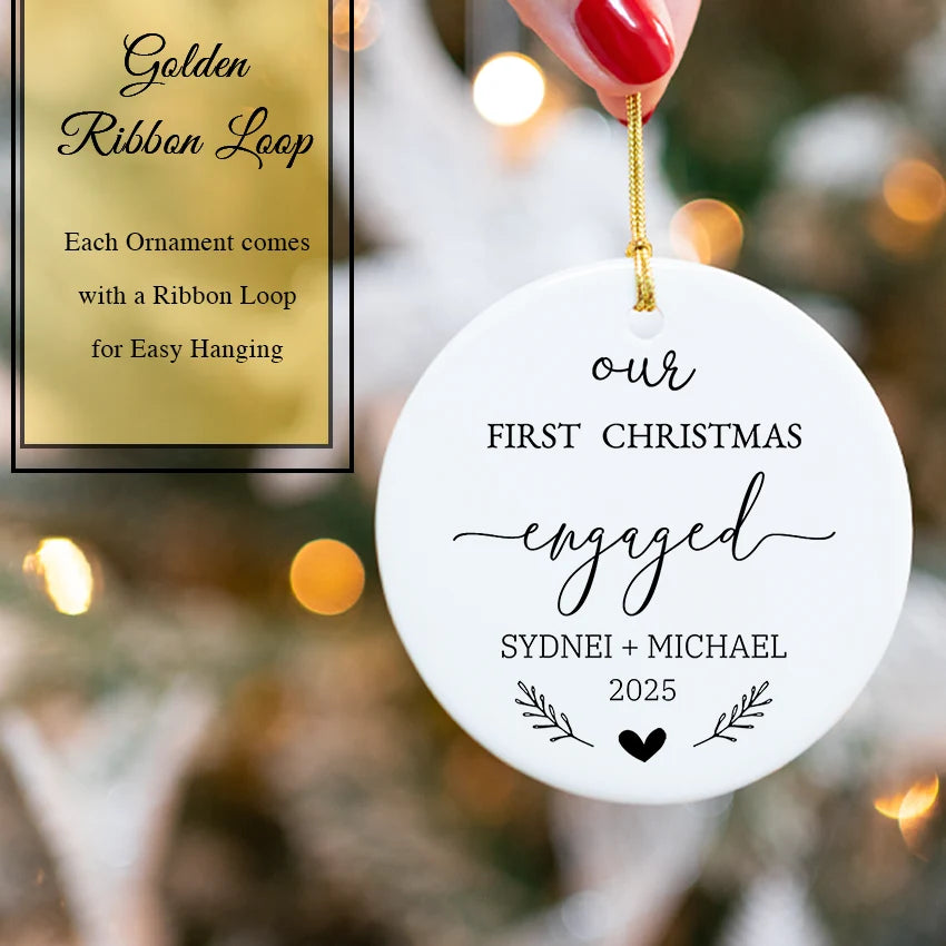 Heart design engaged ornament nestled in a keepsake gift box with gold ribbon