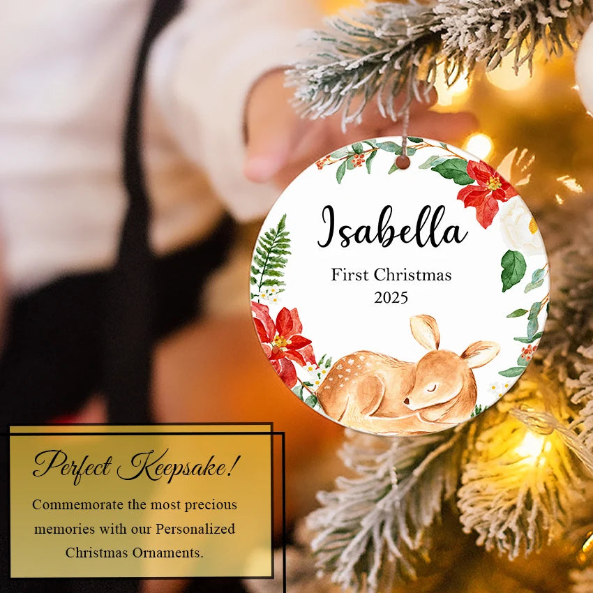 Custom Fawn Baby’s 1st Christmas Ornament 2025 on a Christmas Tree