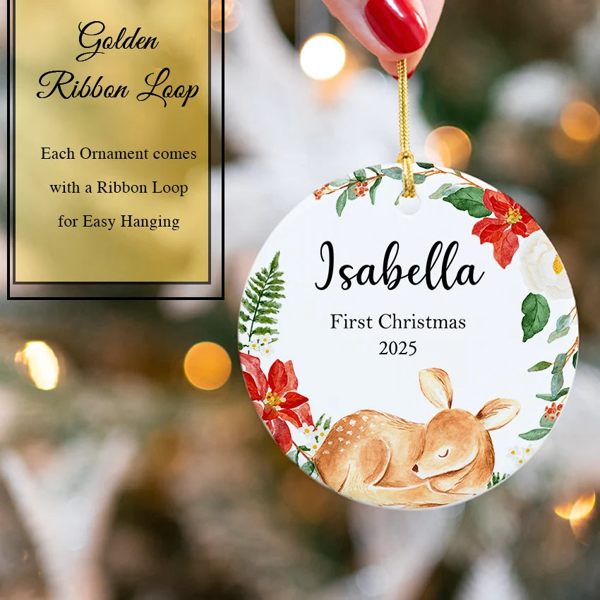 Personalized Fawn Baby  Ornament with golden  Ribbon