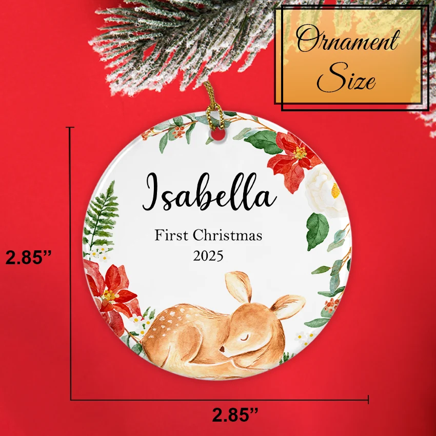 Personalized Fawn Baby’s First Christmas Ornament 2025 sizes 2.85 x2.85 in