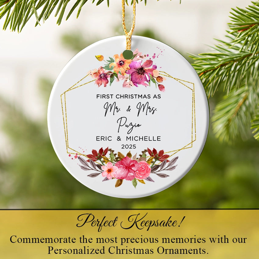 Mr & Mrs wedding keepsake ornament hanging on a Christmas tree branch