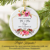Mr & Mrs wedding keepsake ornament hanging on a Christmas tree branch