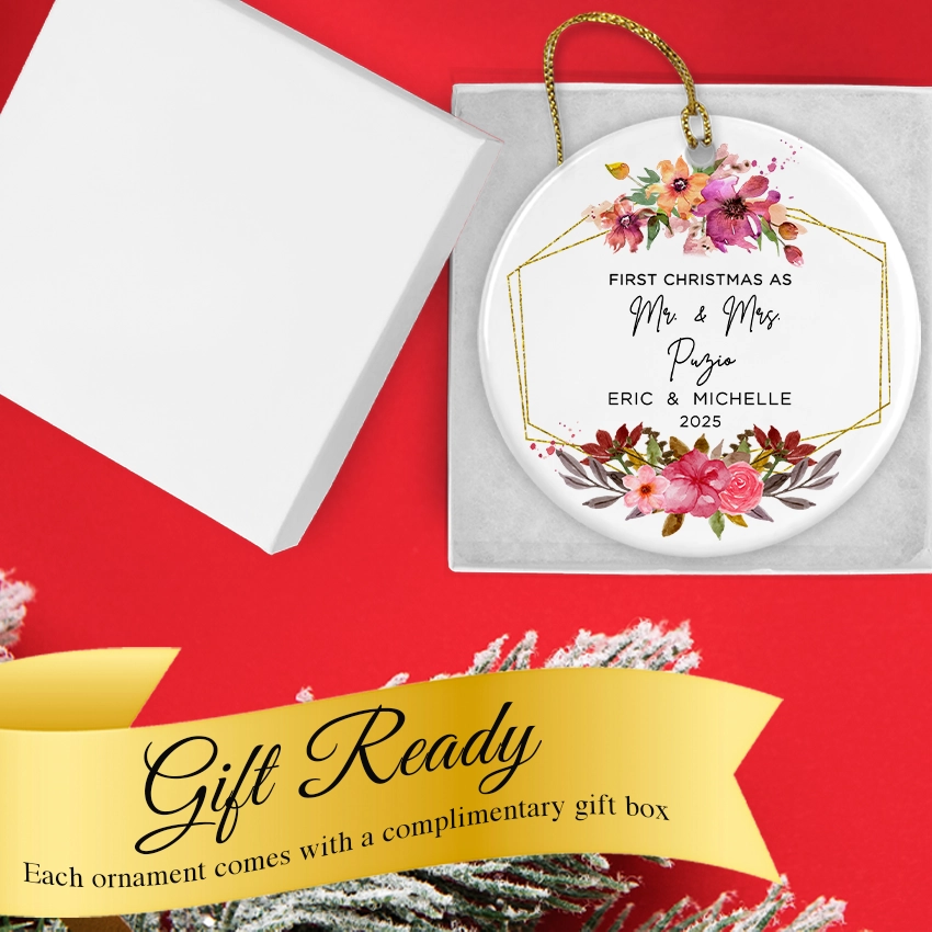 Floral wedding ornament nestled in its protective gift box with gold ribbon