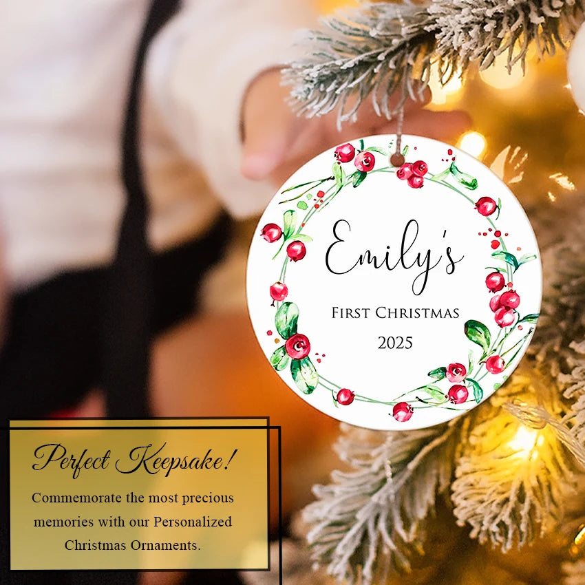 Custom First Christmas Ornament - Festive Red Berry 2025 on a christmas tree