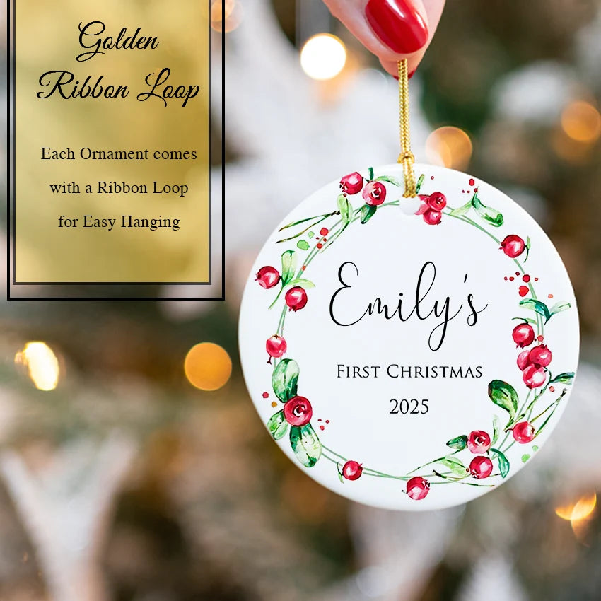 Custom First Christmas Ornament - Festive Red Berry 2025 with golden ribbon