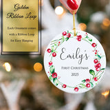 Custom First Christmas Ornament - Festive Red Berry 2025 with golden ribbon