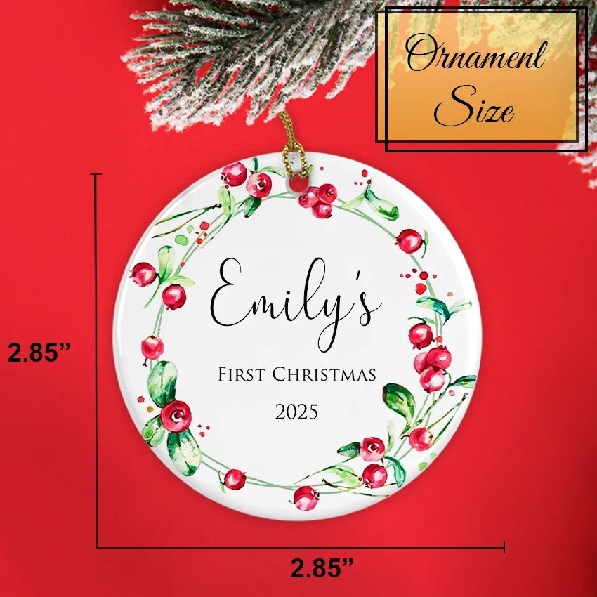 Custom First Christmas Ornament - Festive Red Berry 2025 ornament size 2.85 2.85 inches