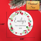 Custom First Christmas Ornament - Festive Red Berry 2025 ornament size 2.85 2.85 inches