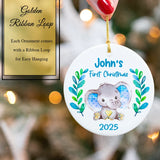 Personalized Elephant First Christmas Ornament with golden Ribbon