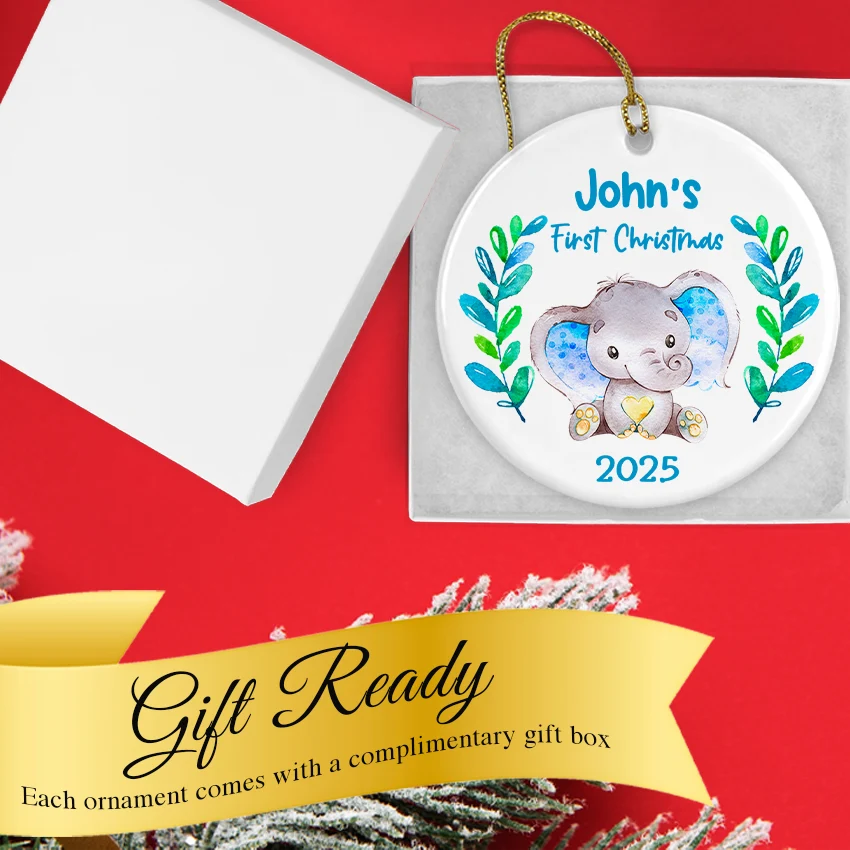 Personalized Elephant First Christmas Ornament in a Gift Box