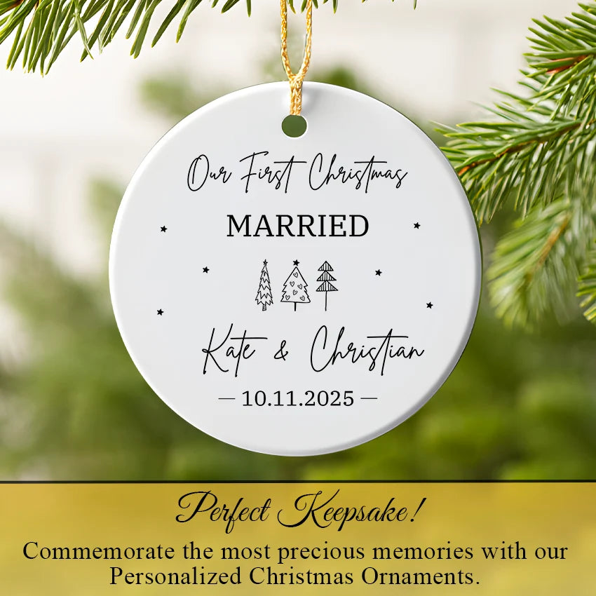 Newlywed ornament hanging from a pine branch, illuminated by warm Christmas lights