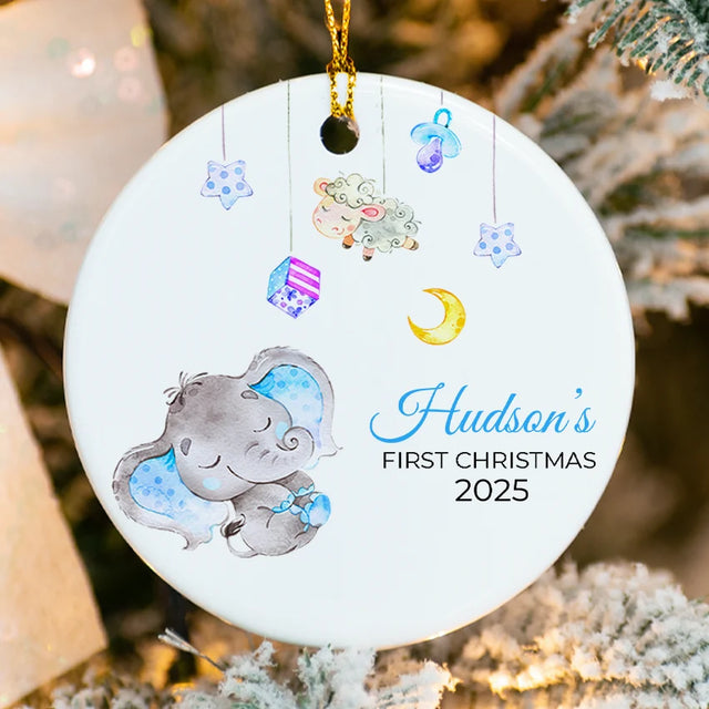 Custom Baby's 1st Christmas Elephant Round Ornament 2025