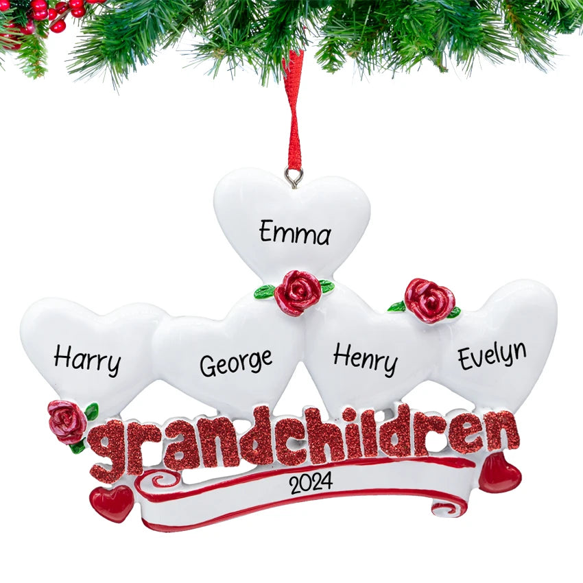 Personalized Grandchildren with 5 Hearts Christmas Ornament