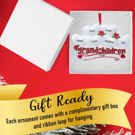 Gift-ready box displaying the six-heart personalized grandchildren ornament with a festive ribbon