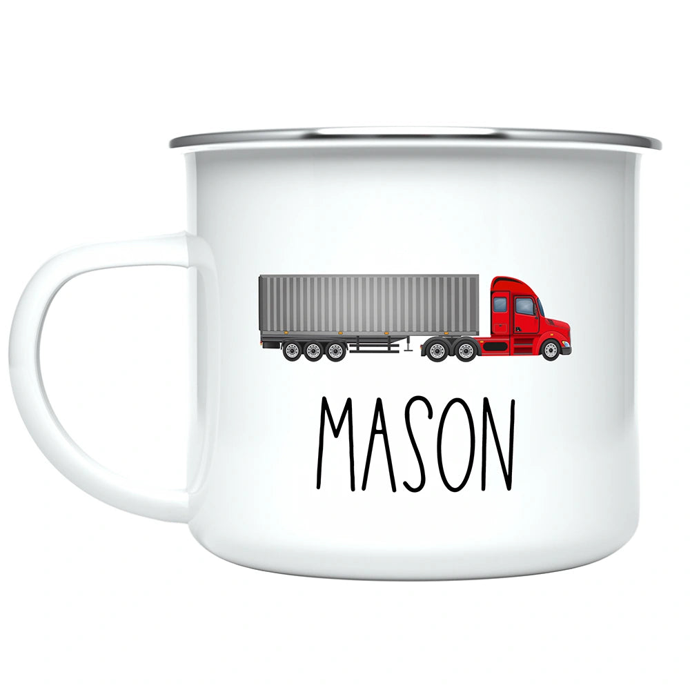Custom Name Kids Mug, Toddler Hot Chocolate Trailer Truck Mug for Boy