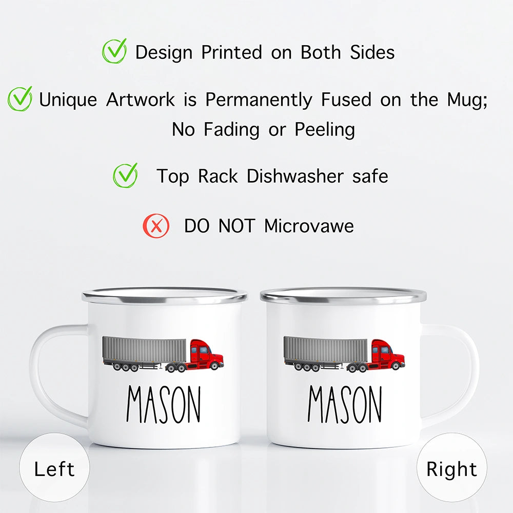 Custom Name Kids Mug, Toddler Hot Chocolate Trailer Truck Mug for Boy