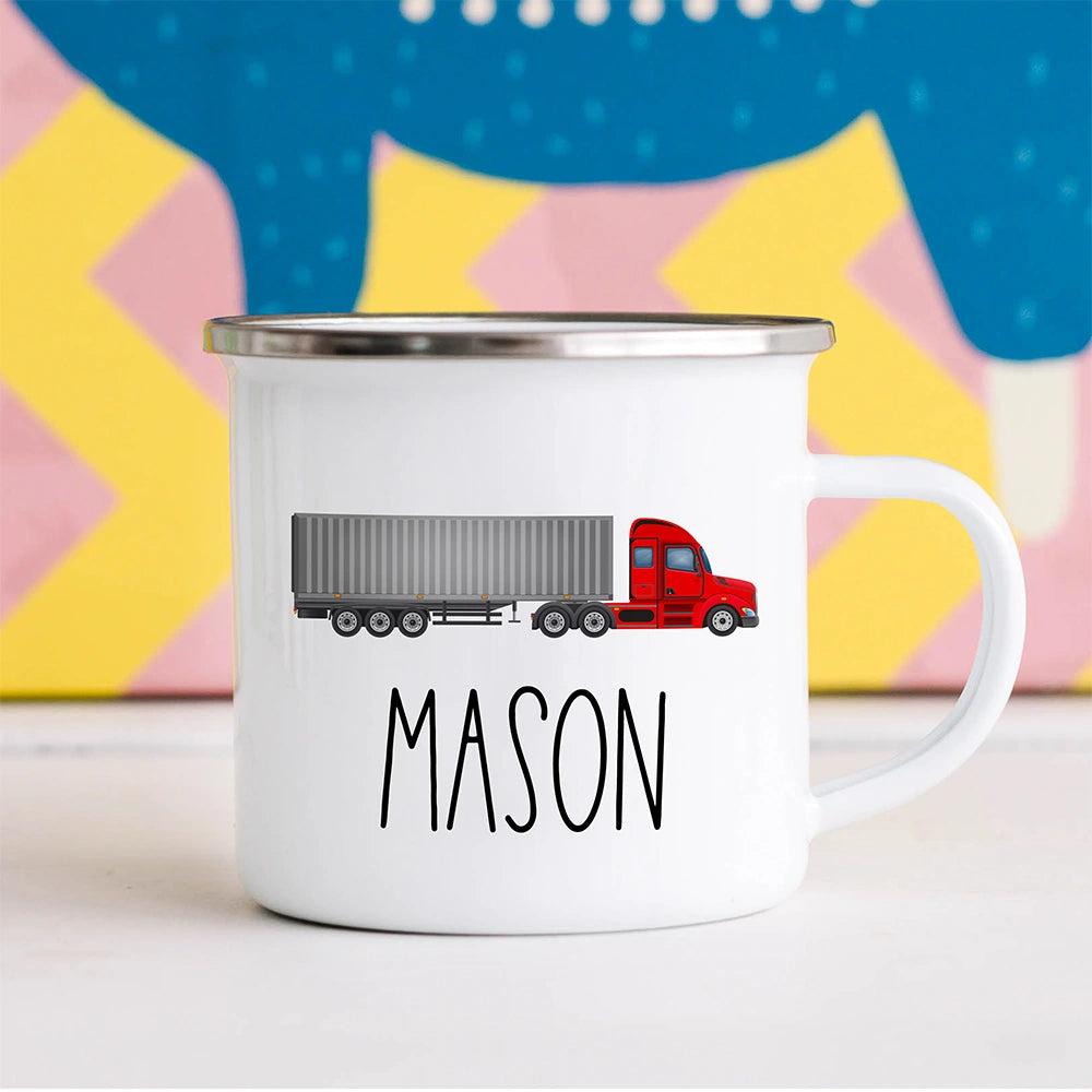 Custom Name Kids Mug, Toddler Hot Chocolate Trailer Truck Mug for Boy