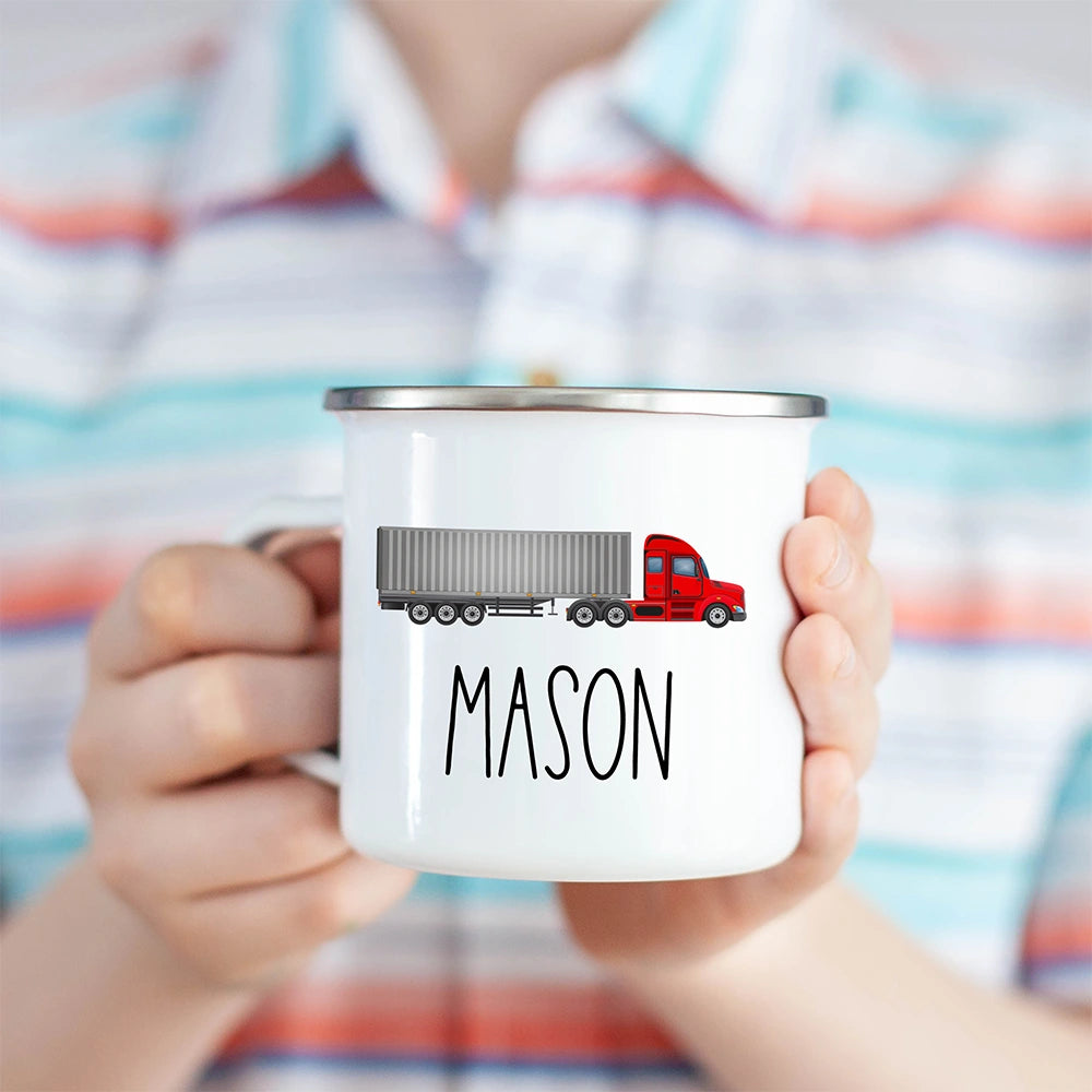 Custom Name Kids Mug, Toddler Hot Chocolate Trailer Truck Mug for Boy
