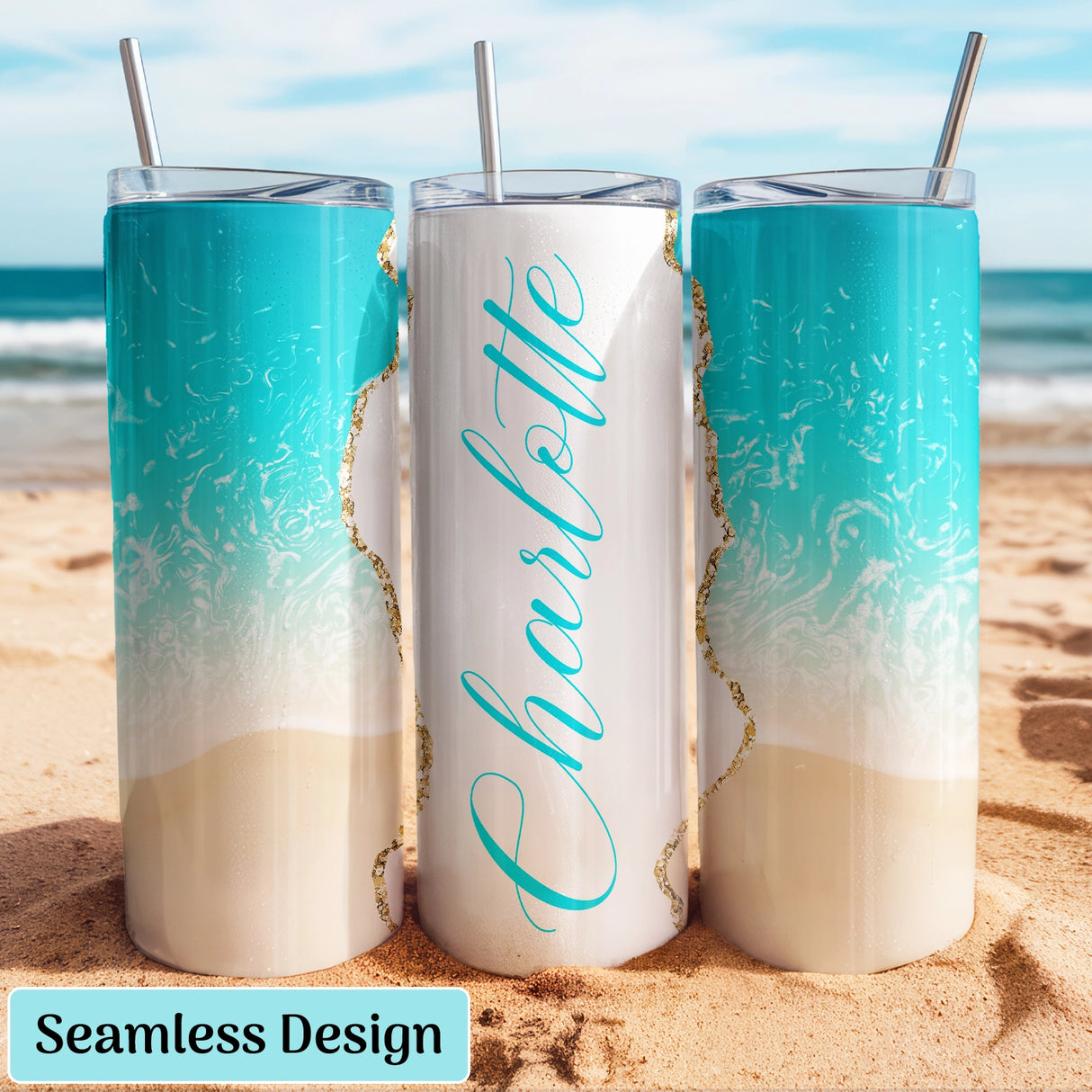 Three turquoise and white stainless steel tumblers on a beach. Seamless Design 