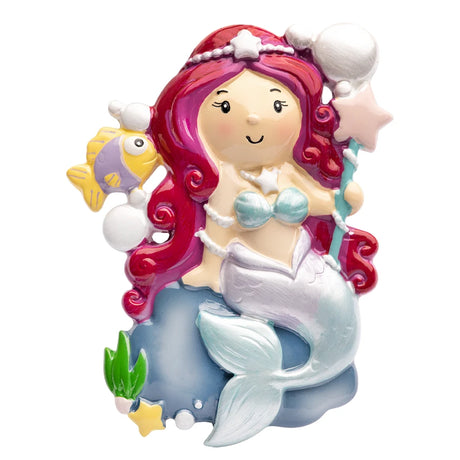 view of personalized resin mermaid ornament showing detailed tail fin and seashell accents”