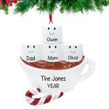 Hand‑lettered names and year on Personalized Hot Chocolate Family of 4 Christmas Ornament.