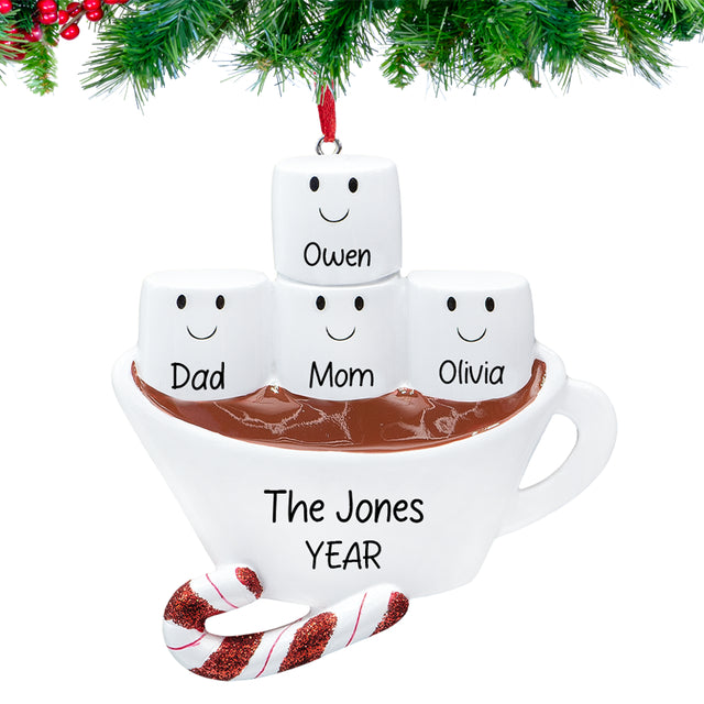 Hand‑lettered names and year on Personalized Hot Chocolate Family of 4 Christmas Ornament.