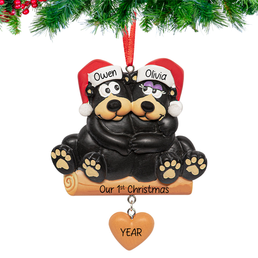 Personalized Bear Couple with Heart Christmas Ornament