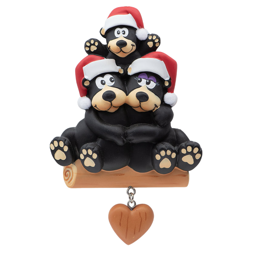 Personalized Black Bear Family of 3 with Heart Christmas Ornament