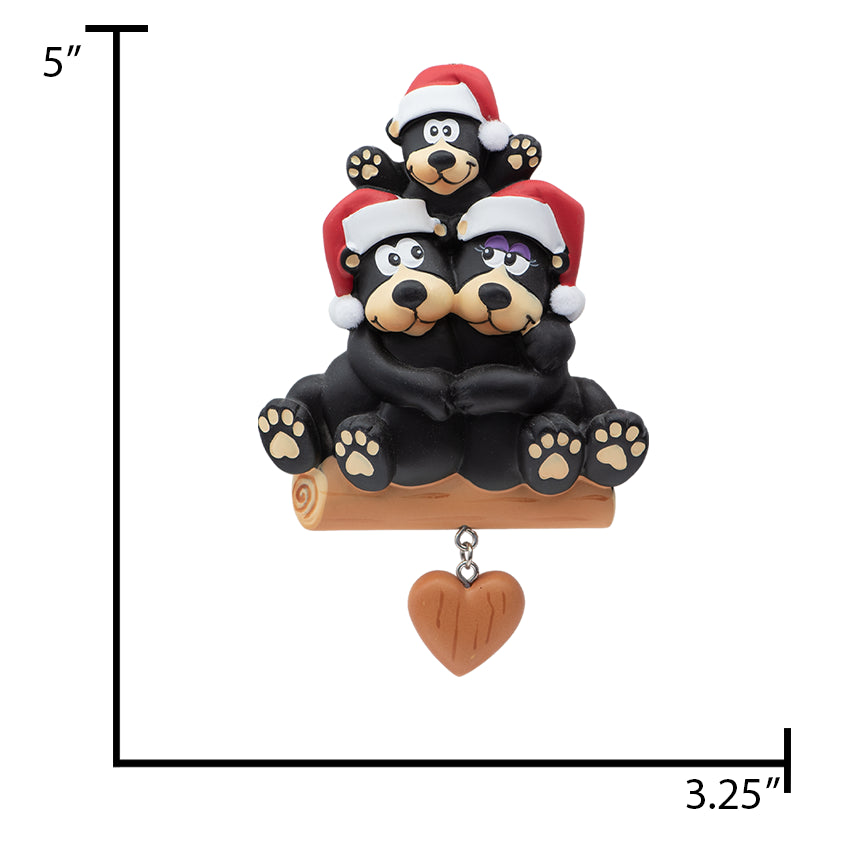 Personalized Black Bear Family of 3 with Heart Christmas Ornament