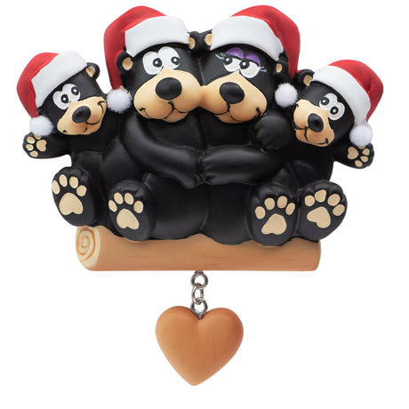 Personalized Black Bear Family of 4 with Heart Christmas Ornament