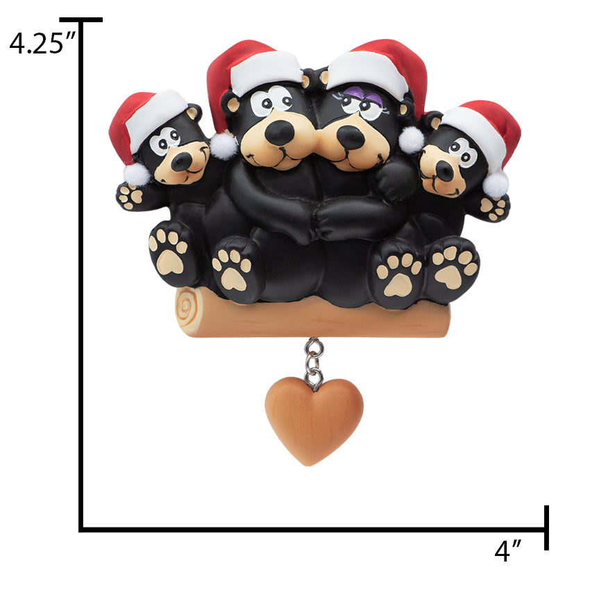 Personalized Black Bear Family of 4 with Heart Christmas Ornament