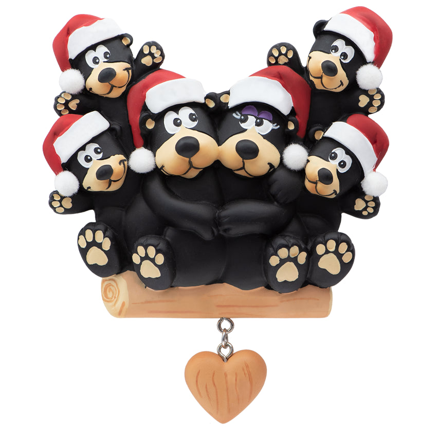 Personalized Black Bear Family of 6 with Heart Christmas Ornament