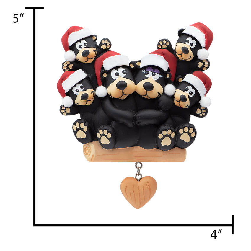 Personalized Black Bear Family of 6 with Heart Christmas Ornament
