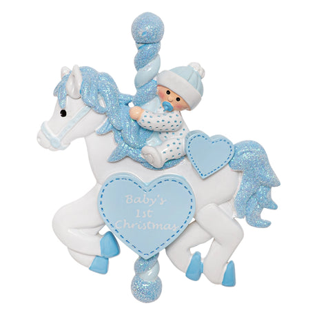 Personalized Baby's First Christmas Ornament – Baby Boy on Carousel Horse