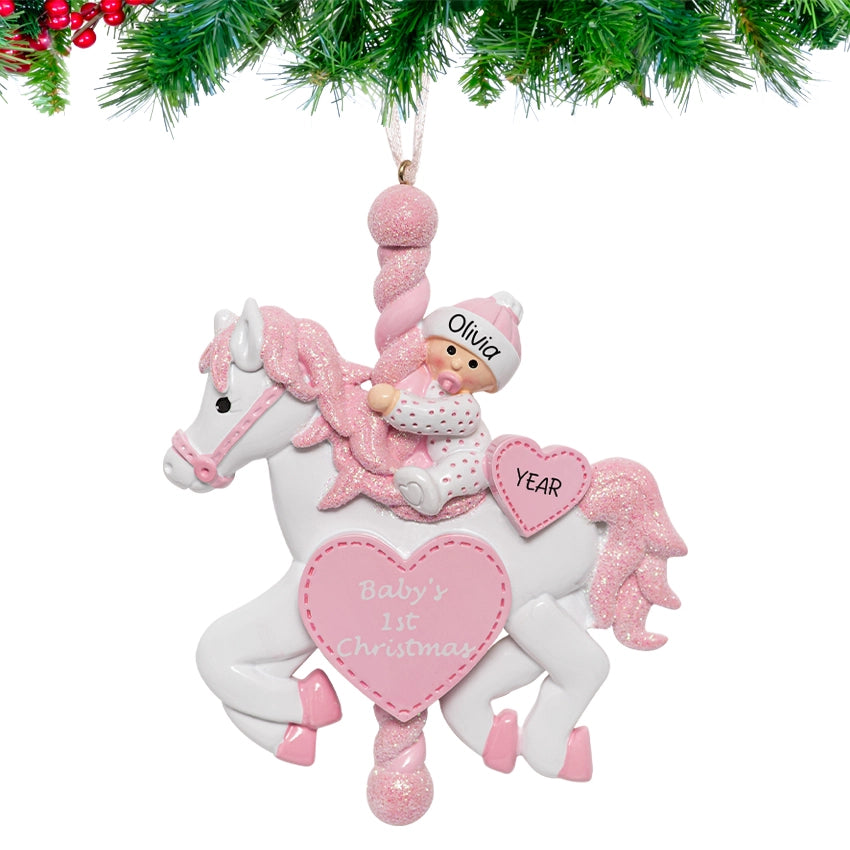 Personalized Baby's First Christmas Ornament - Baby Girl on Carousel Horse