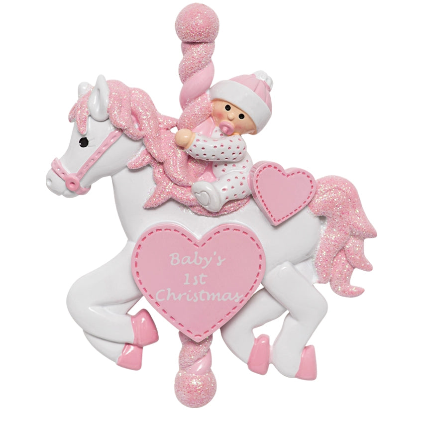 Personalized Baby's First Christmas Ornament - Baby Girl on Carousel Horse