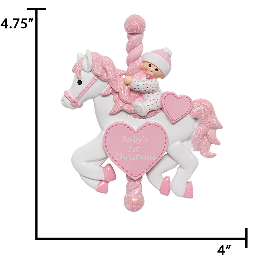 Personalized Baby's First Christmas Ornament - Baby Girl on Carousel Horse