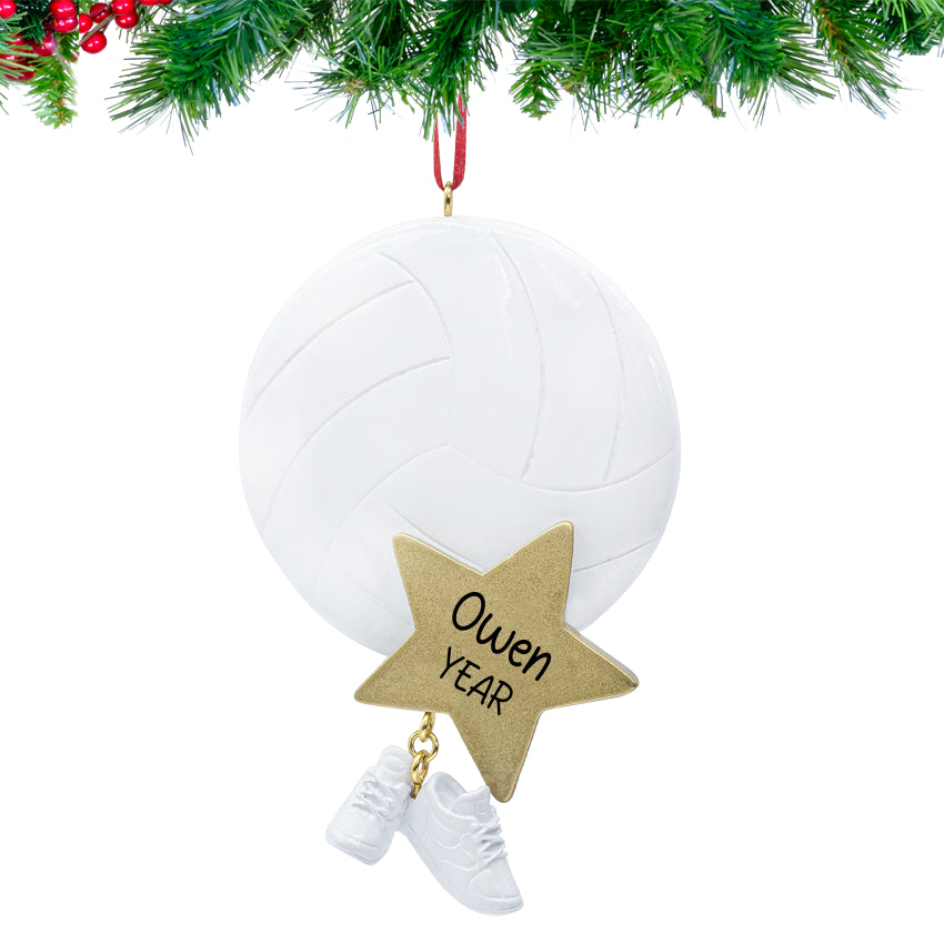 Personalized volleyball ornament with hand‑lettered name, year tag, and mini cleats