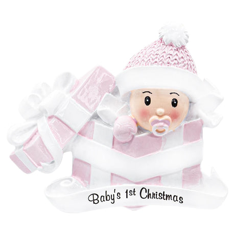 Personalized Christmas ornament featuring a baby girl in a present, perfect for a first Christmas.