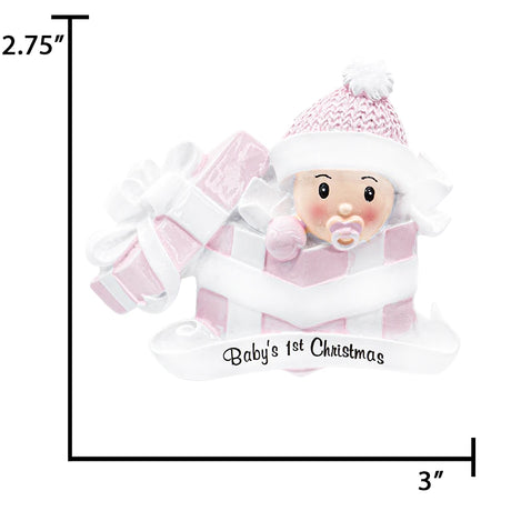 Custom first Christmas ornament with a baby girl in a present, ideal for celebrating her first Noel.
