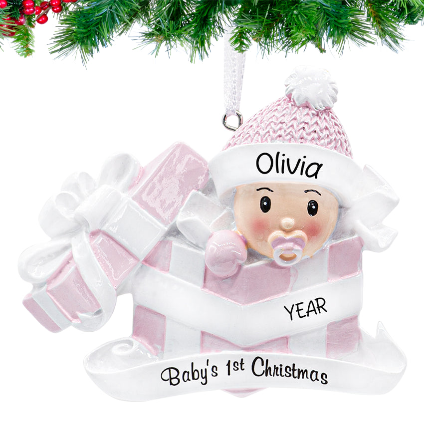 Personalized baby's first Christmas ornament featuring a baby girl in a present, check out now.