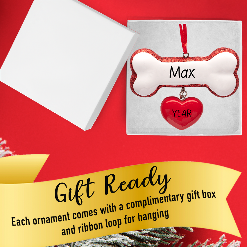 Customized dog bone ornament with heart, a unique keepsake to celebrate your beloved pet.