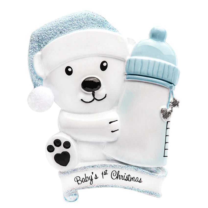 Sample baby boy with bottle ornament shown without personalization.
